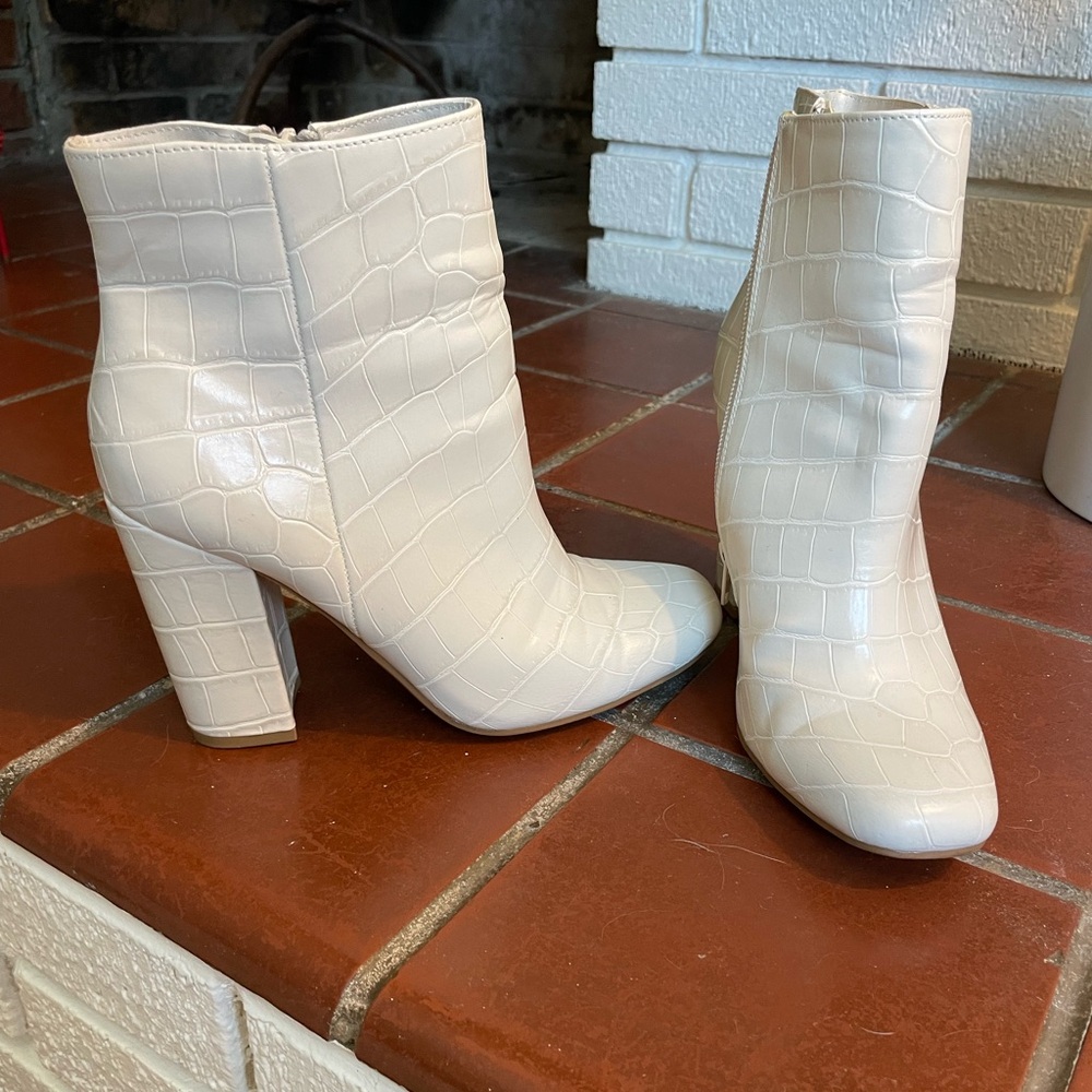 BAMBOO Cream Croc-Embossed Booties